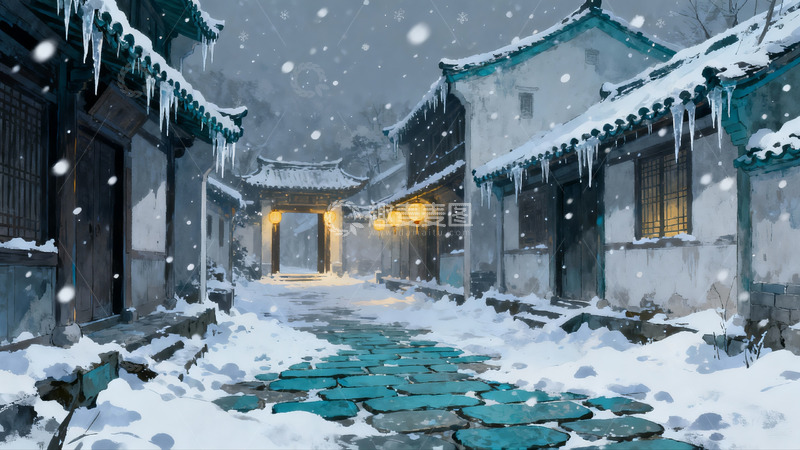 高清大图下载【趣麦麦图】雪夜古街灯火阑珊