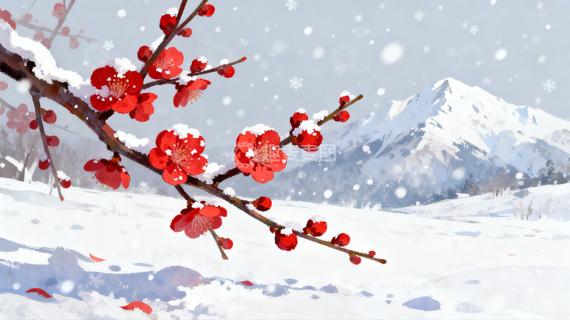 高清大图下载【趣麦麦图】雪中红梅绽放山景