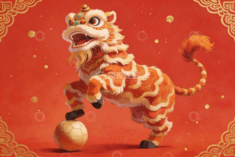 高清大图下载【趣麦麦图】舞狮踩球迎新春