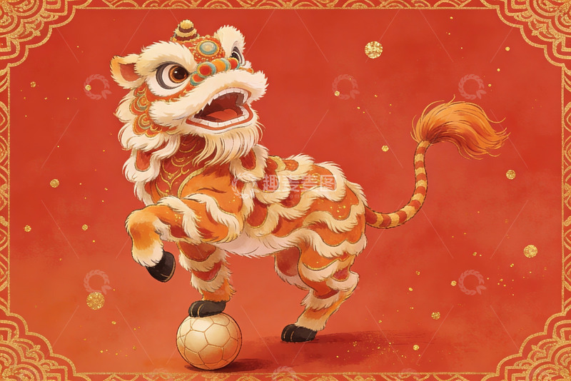 高清大图下载【趣麦麦图】舞狮踩球红底图