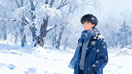 雪景中蓝衣少年静立