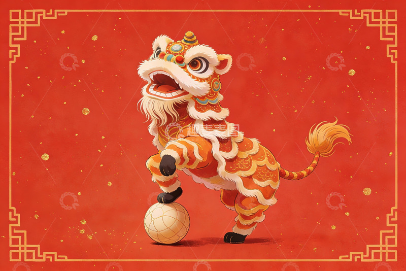 高清大图下载【趣麦麦图】红色背景舞狮球