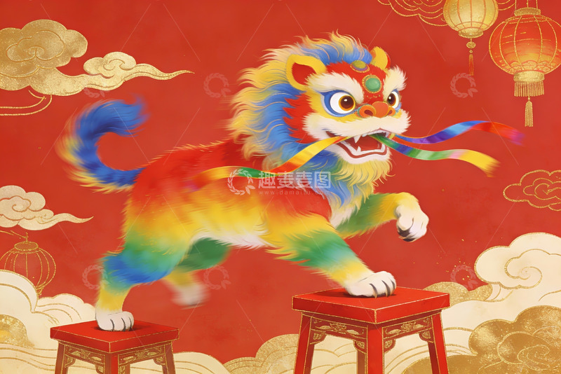 高清大图下载【趣麦麦图】色彩斑斓舞狮图