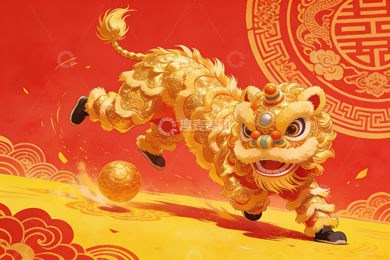 高清大图下载【趣麦麦图】金色舞狮追逐绣球喜庆画面