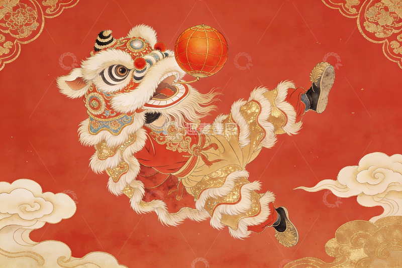 高清大图下载【趣麦麦图】红色背景下的舞狮艺术画