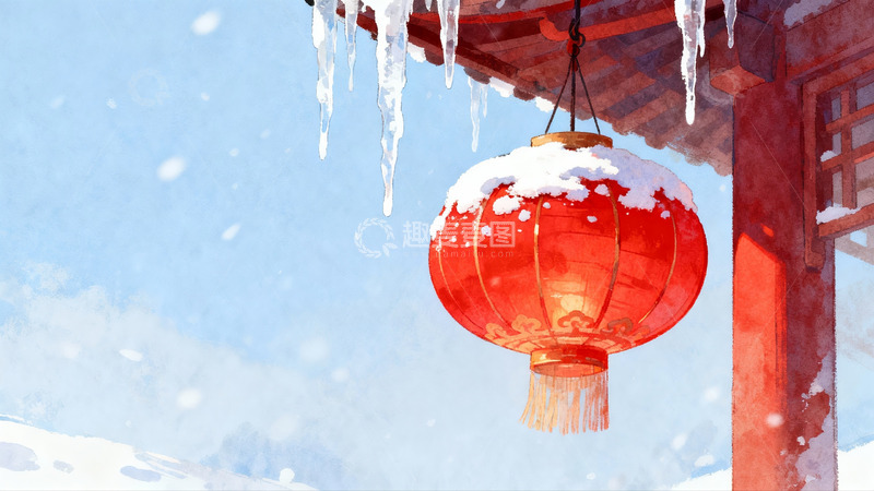高清大图下载【趣麦麦图】雪中红灯笼挂檐下