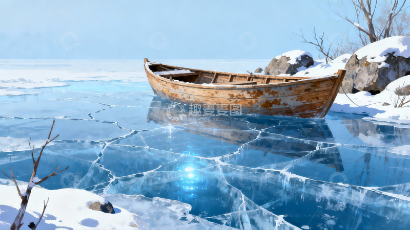 高清大图下载【趣麦麦图】冰封湖面木船静泊