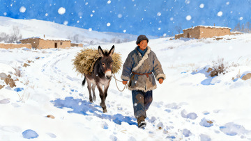 雪地里牵驴的男子行走在乡村小径