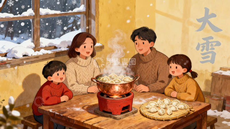 高清大图下载【趣麦麦图】冬日家庭围炉包饺子温馨场景