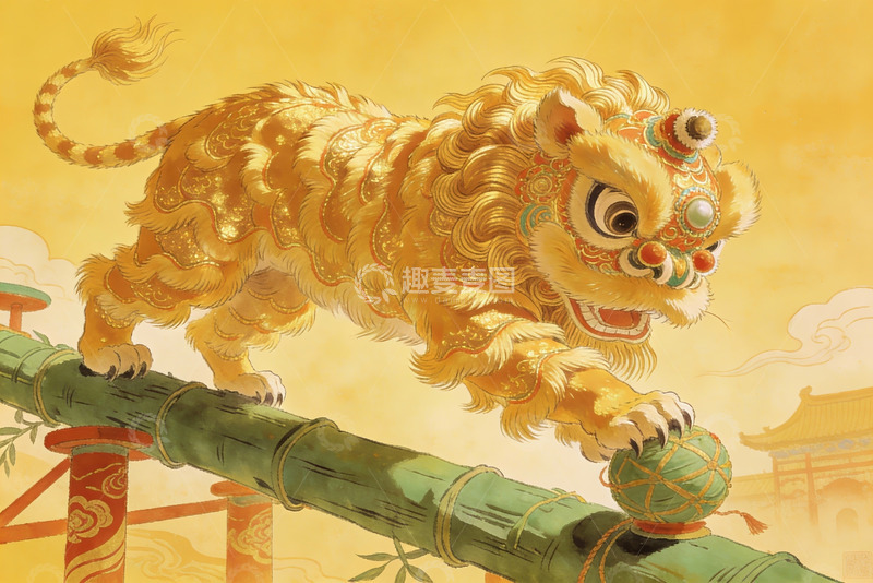 高清大图下载【趣麦麦图】金色舞狮竹竿之上栩栩如生