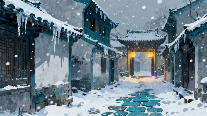 高清大图下载【趣麦麦图】雪落古巷灯笼暖