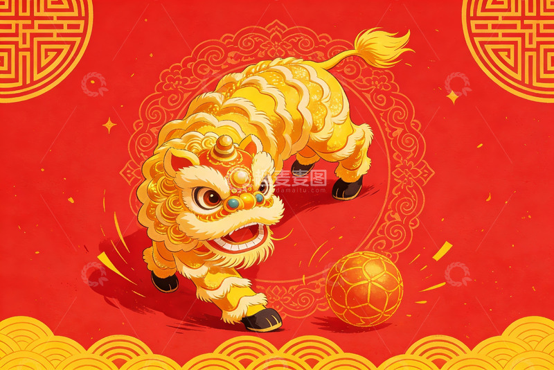 高清大图下载【趣麦麦图】红色背景上的金色舞狮图案