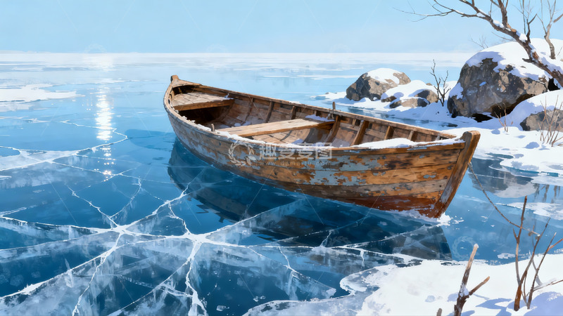 高清大图下载【趣麦麦图】冰封湖面木船静泊