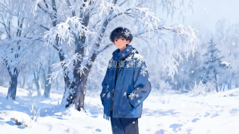 高清大图下载【趣麦麦图】雪景少年伫立冬林
