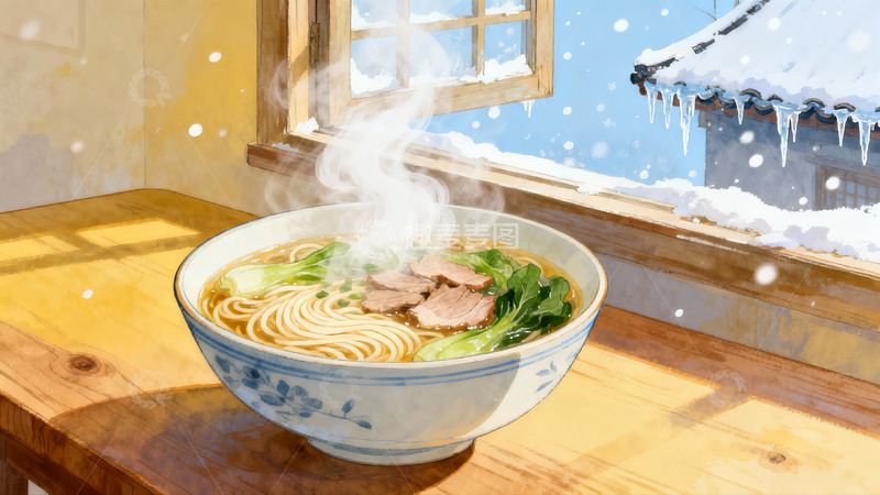 高清大图下载【趣麦麦图】热气腾腾的面条窗外雪景