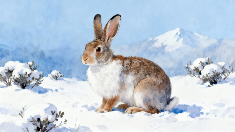 高清大图下载【趣麦麦图】雪地兔子静坐山景