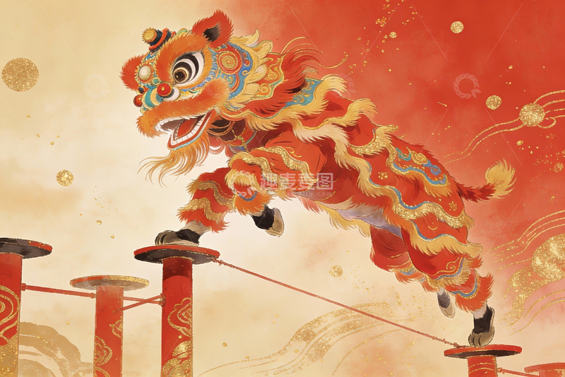 高清大图下载【趣麦麦图】舞狮表演跃上高杆