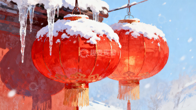高清大图下载【趣麦麦图】雪中红灯笼挂檐头