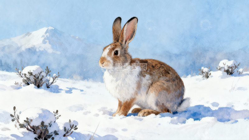 高清大图下载【趣麦麦图】雪地兔子静坐山景