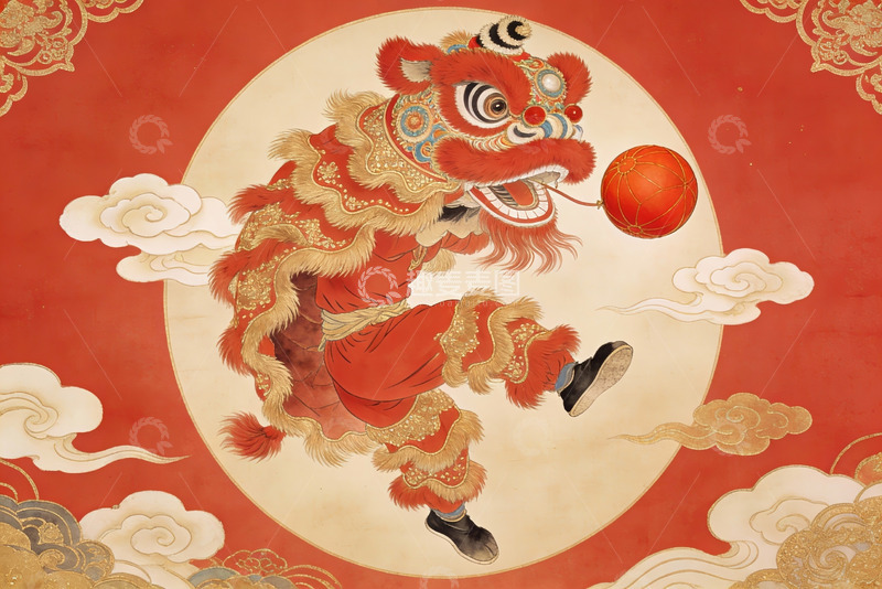 高清大图下载【趣麦麦图】红色舞狮追逐绣球传统艺术