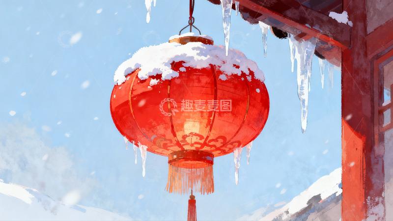高清大图下载【趣麦麦图】雪中红灯笼挂檐下