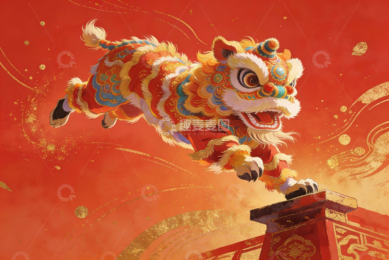 高清大图下载【趣麦麦图】舞狮跃起迎新春
