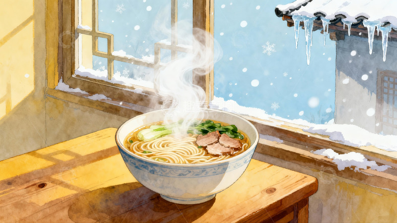 高清大图下载【趣麦麦图】冬日窗边热气腾腾的面条
