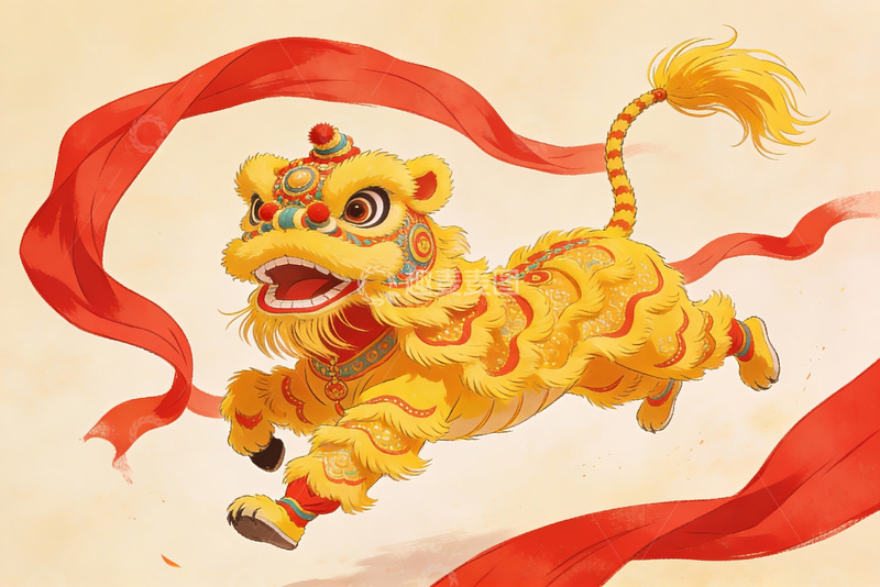 高清大图下载【趣麦麦图】金色舞狮跃动红色飘带