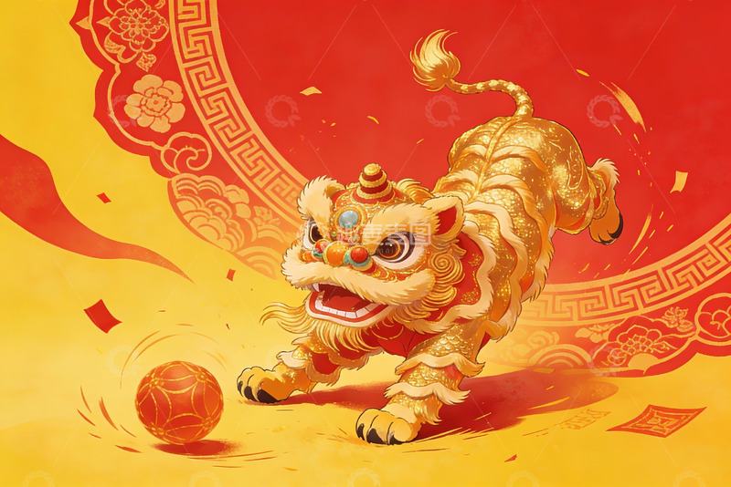 高清大图下载【趣麦麦图】金色舞狮迎新春