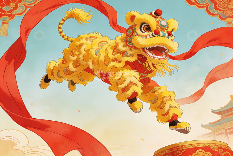 高清大图下载【趣麦麦图】金色舞狮空中飞跃喜庆场景