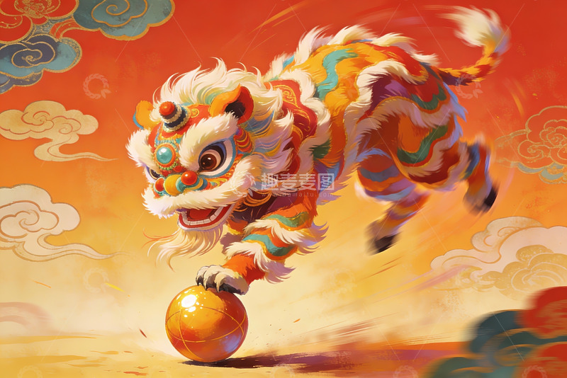 高清大图下载【趣麦麦图】色彩斑斓舞狮戏球图