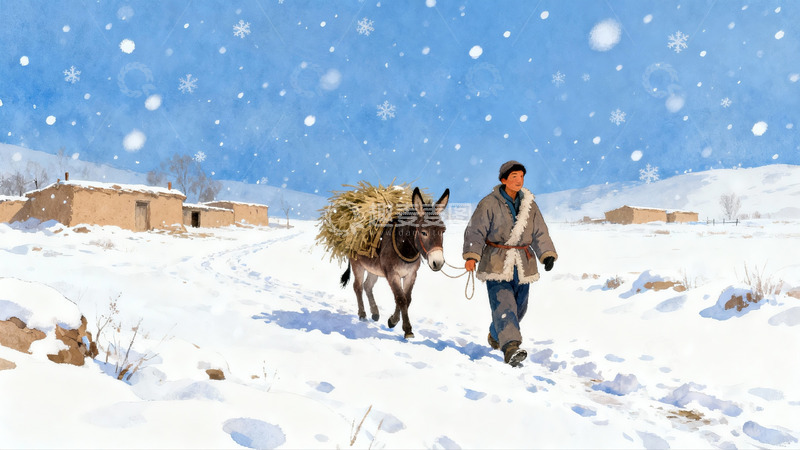 高清大图下载【趣麦麦图】雪地里牵驴的男子