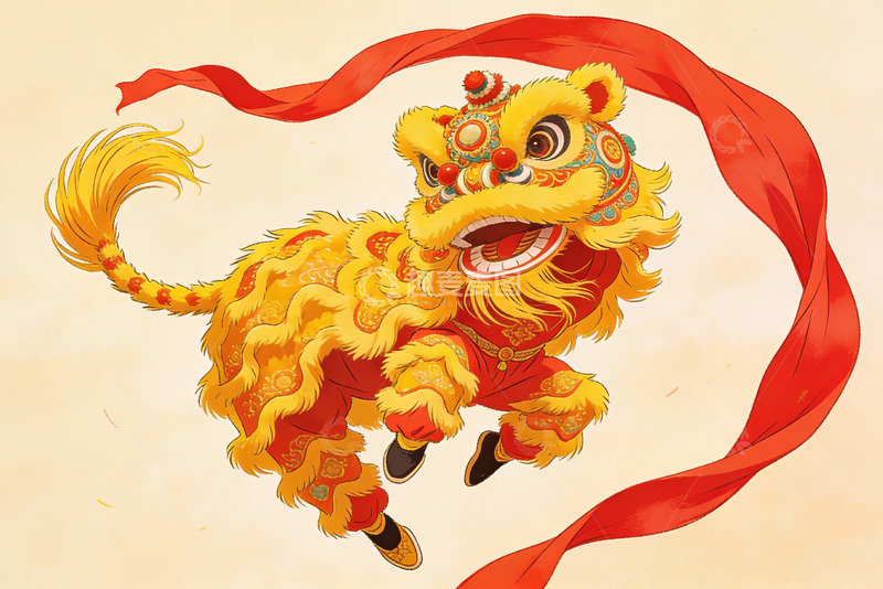 高清大图下载【趣麦麦图】金色舞狮跃动红绸飘扬