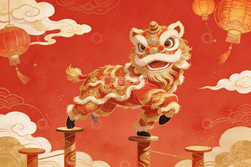 高清大图下载【趣麦麦图】红色背景舞狮图