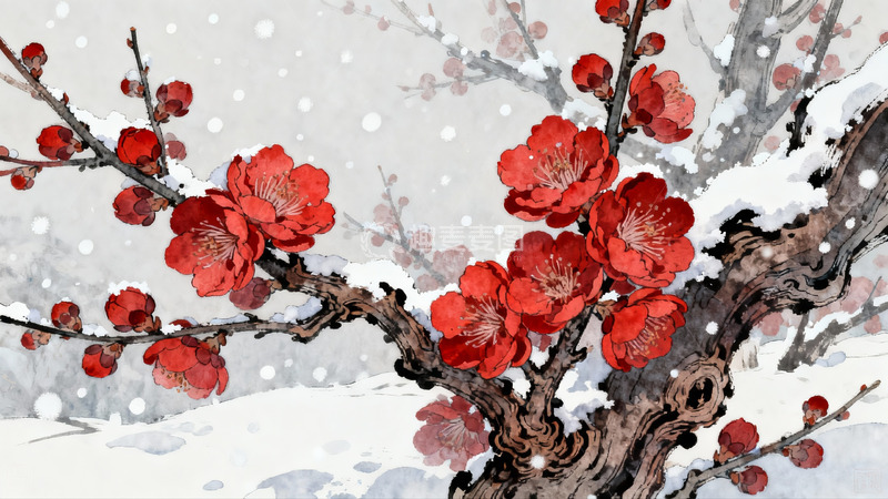 高清大图下载【趣麦麦图】雪中红梅绽放