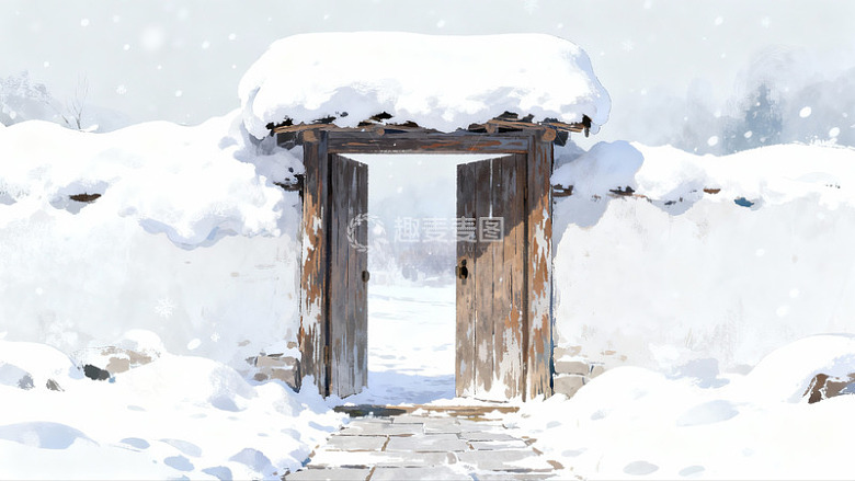 雪覆木门静谧冬景