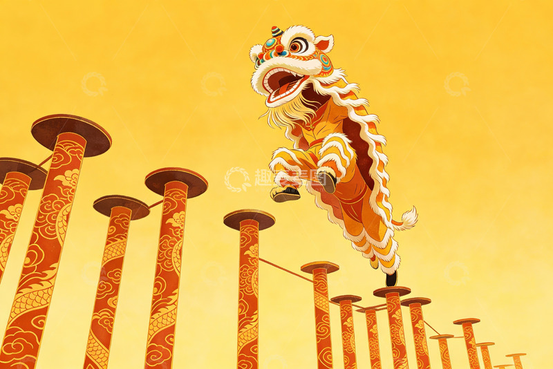 高清大图下载【趣麦麦图】舞狮表演跃上高桩