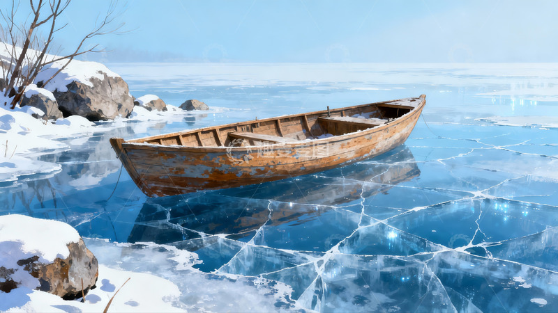 高清大图下载【趣麦麦图】冰封湖面木船静泊