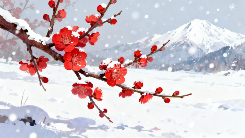 高清大图下载【趣麦麦图】雪中红梅绽放山景