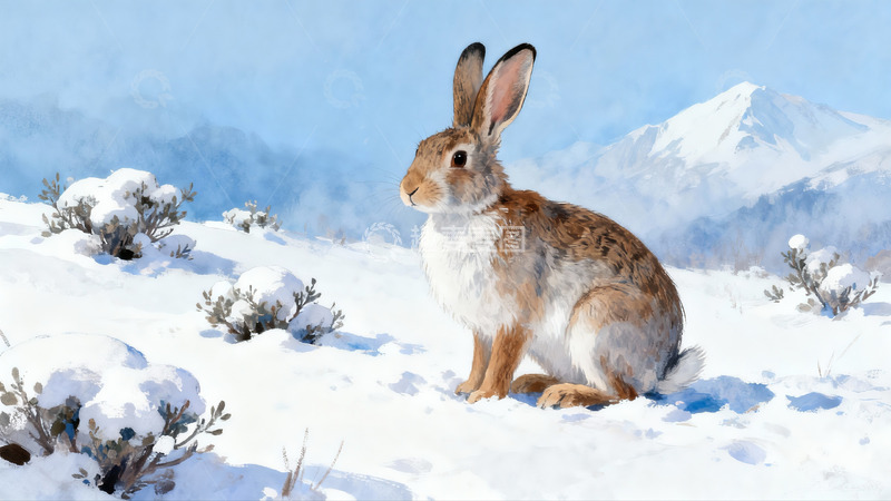 高清大图下载【趣麦麦图】雪地兔子静坐山景