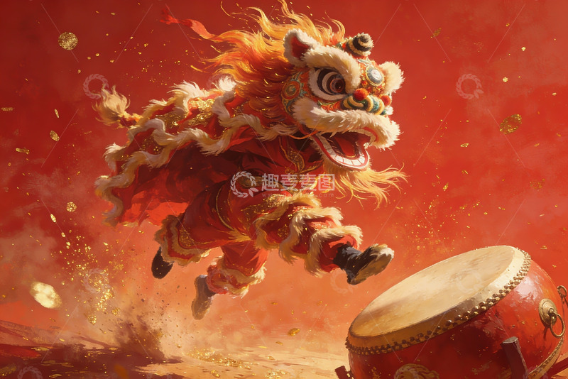 高清大图下载【趣麦麦图】舞狮表演击鼓瞬间