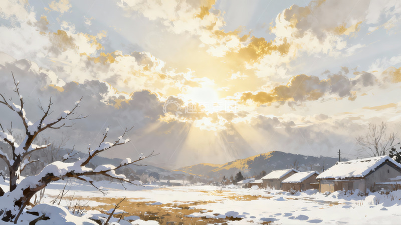 高清大图下载【趣麦麦图】冬日雪景阳光穿透云层