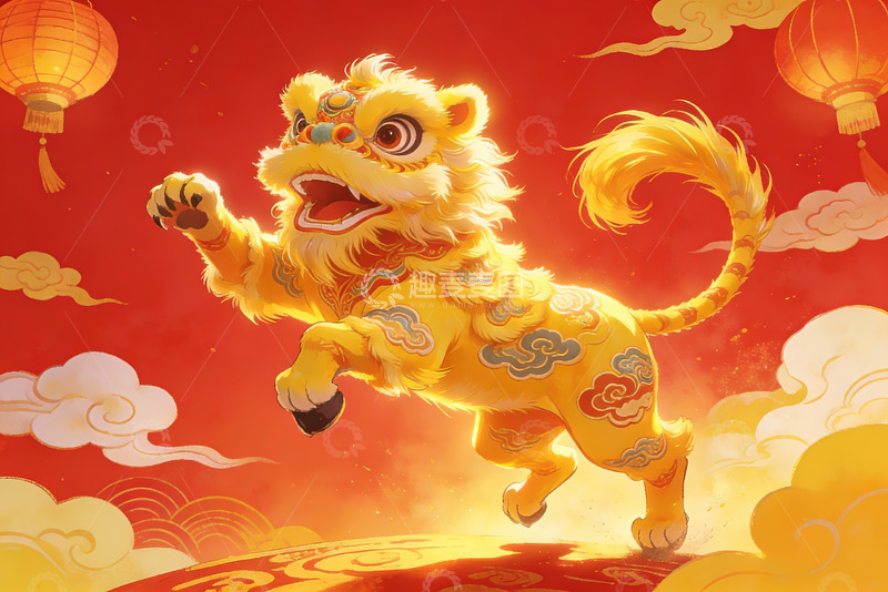 高清大图下载【趣麦麦图】金色舞狮迎新春