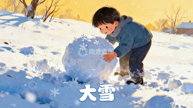 高清大图下载【趣麦麦图】小男孩雪地滚雪球
