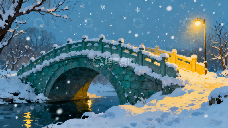 高清大图下载【趣麦麦图】雪夜古桥流水灯影