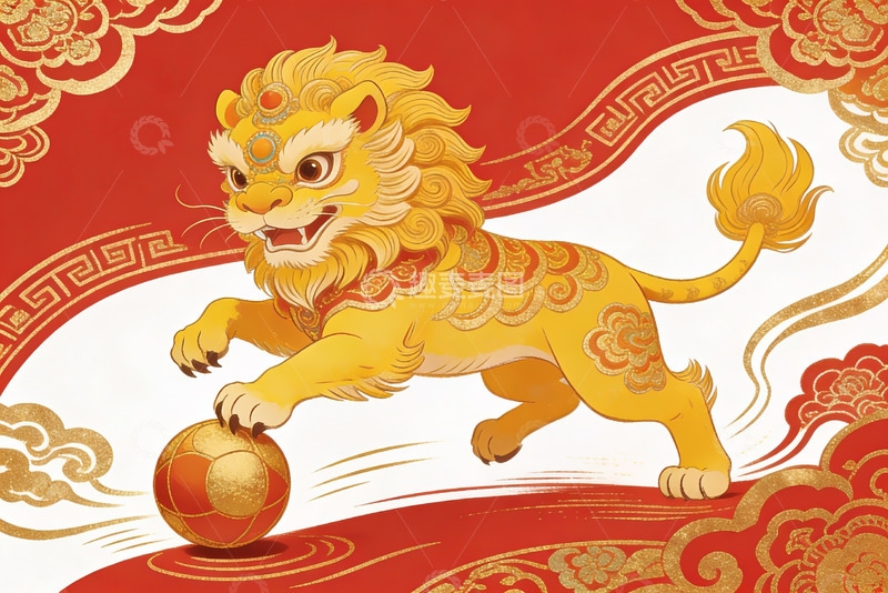 高清大图下载【趣麦麦图】金色瑞兽踏球祥云图案