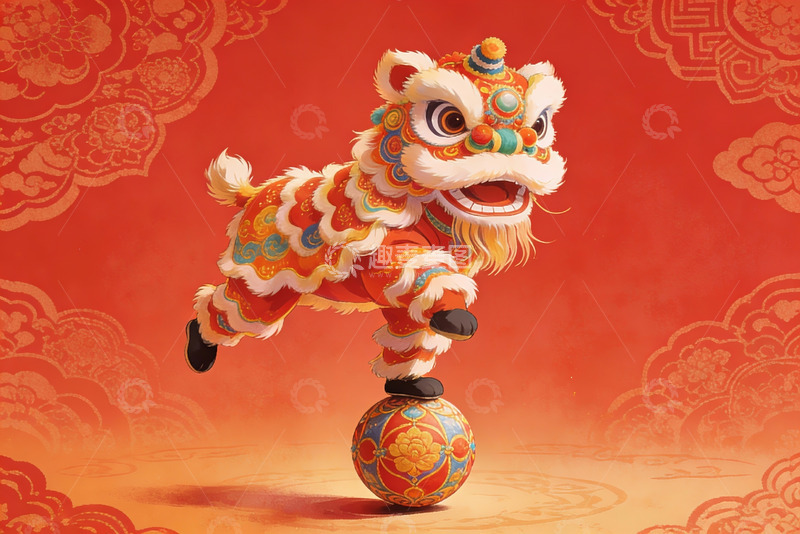 高清大图下载【趣麦麦图】舞狮踩球喜庆图案