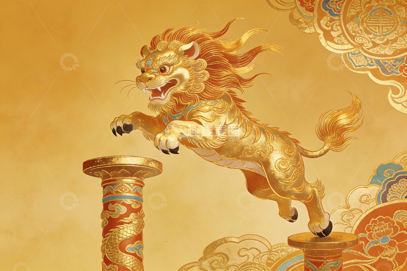 高清大图下载【趣麦麦图】金色瑞兽跃柱祥云环绕