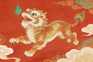 红色背景上的金色瑞兽图案