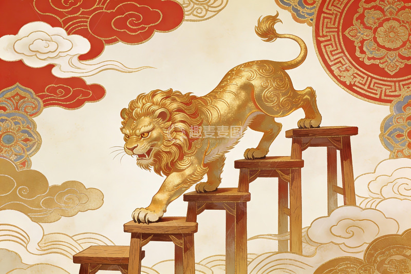 高清大图下载【趣麦麦图】金色狮子登台阶祥云环绕